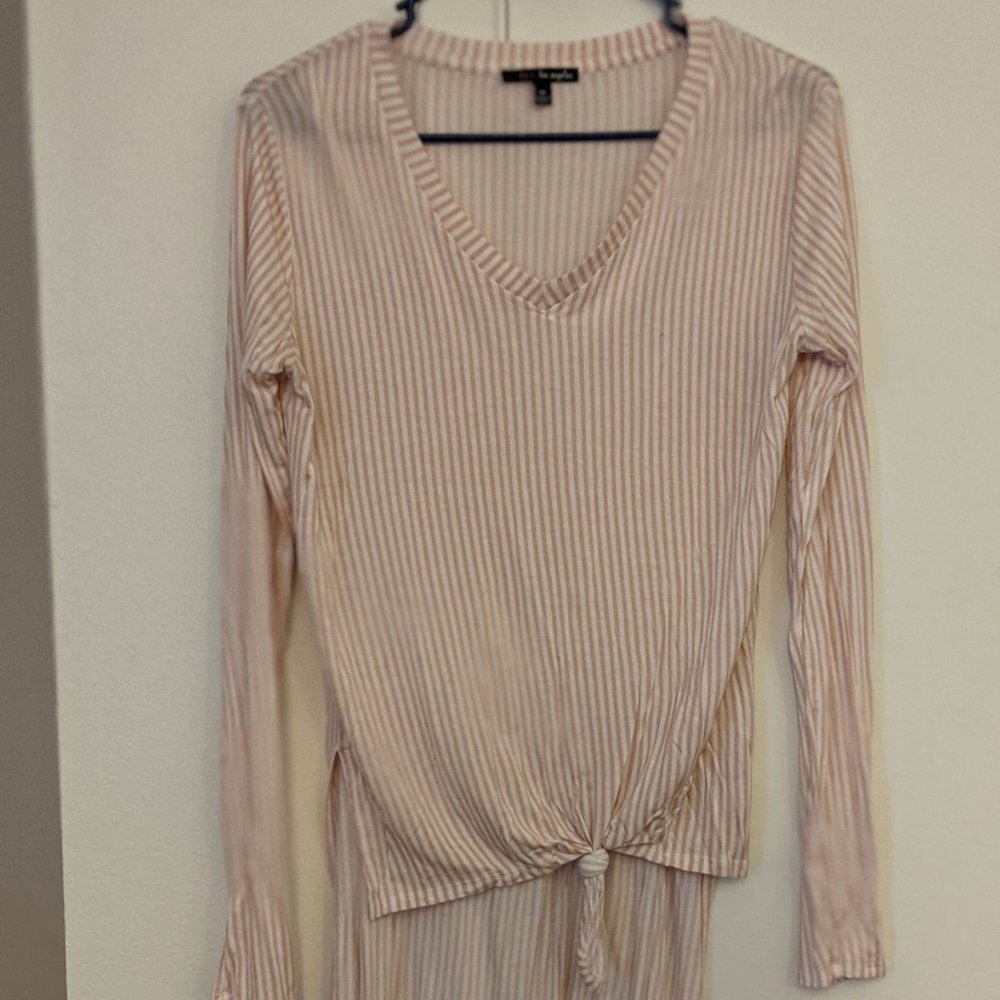 Pink & White Striped Long-Sleeved Front Tie Top